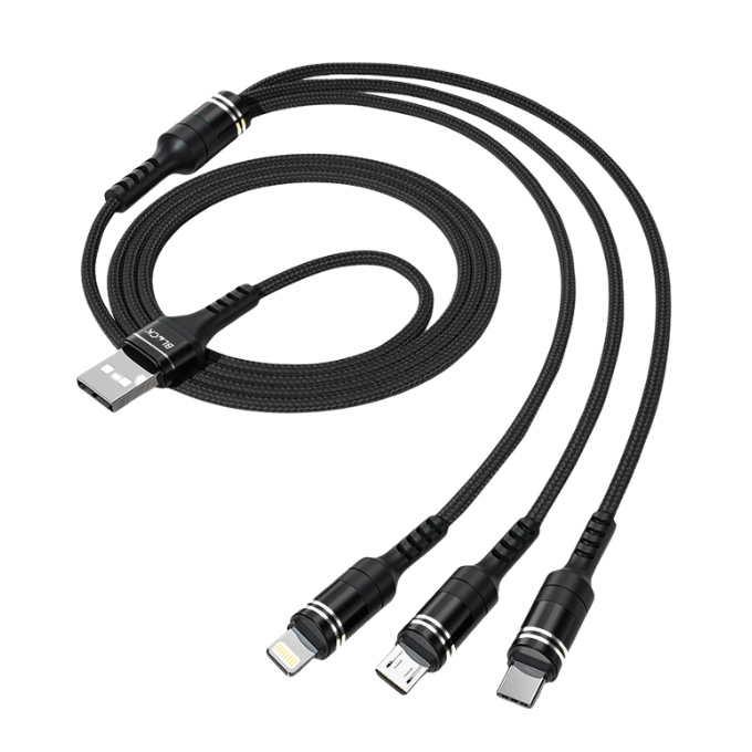 BLACK Cable M 3 in 1 Strong Charging cable for Android & Apple, 1.2m, 1Yr warranty BLACK Cable M 3 in 1 Strong Charging cable for Android & Apple, 1.2m, 1Yr warranty